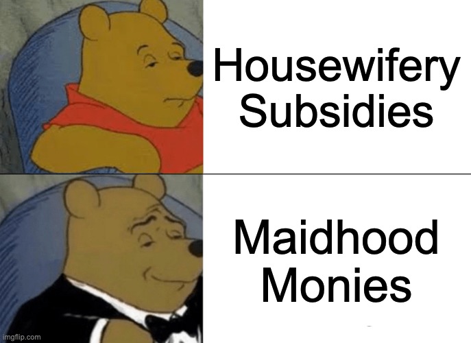 Mfw he comes thru with my maidhood monies :D | Housewifery Subsidies; Maidhood Monies | image tagged in memes,tuxedo winnie the pooh,housewifery,housewife,funny | made w/ Imgflip meme maker