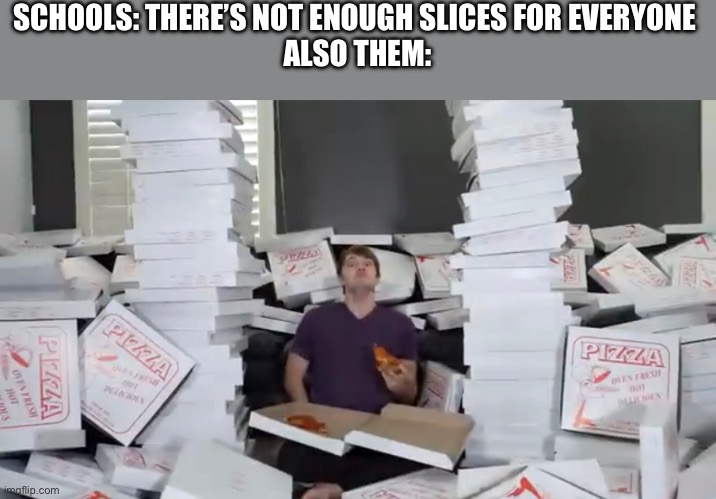 Pizza parties at school when you want seconds | SCHOOLS: THERE’S NOT ENOUGH SLICES FOR EVERYONE 
ALSO THEM: | image tagged in fun,school,relatable | made w/ Imgflip meme maker