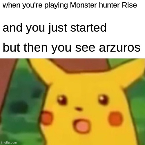 arzuros | when you're playing Monster hunter Rise; and you just started; but then you see arzuros | image tagged in memes,surprised pikachu | made w/ Imgflip meme maker