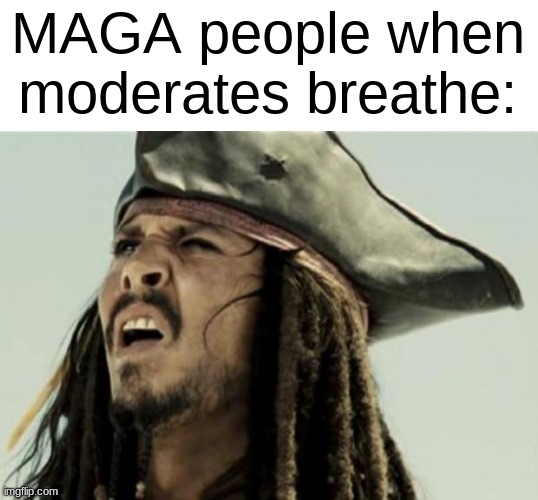 I'm gonna pass out :skull_emoji: | MAGA people when moderates breathe: | image tagged in confused dafuq jack sparrow what,donald trump,politics,pirates of the caribbean,memes,dank memes | made w/ Imgflip meme maker
