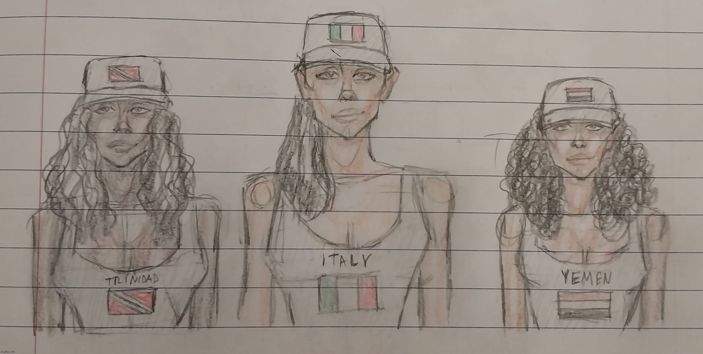 Trinidad, Italy, Yemen | image tagged in girls,drawings,color,countries | made w/ Imgflip meme maker
