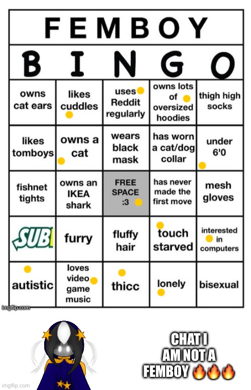 Chat we live | CHAT I AM NOT A FEMBOY 🔥🔥🔥 | image tagged in femboy bingo | made w/ Imgflip meme maker