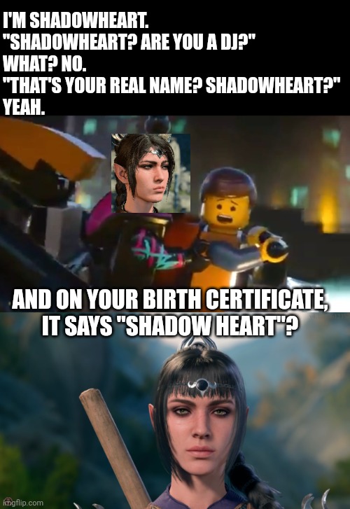 I wonder how many names she's had before Shadowheart | I'M SHADOWHEART.
"SHADOWHEART? ARE YOU A DJ?"
WHAT? NO.
"THAT'S YOUR REAL NAME? SHADOWHEART?"
YEAH. AND ON YOUR BIRTH CERTIFICATE, IT SAYS "SHADOW HEART"? | image tagged in the lego movie,dnd,rpg | made w/ Imgflip meme maker
