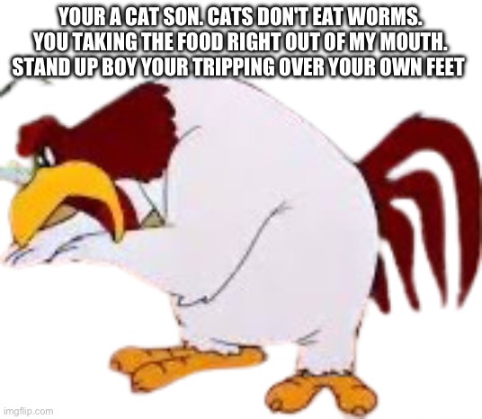 Foghorn ramble | YOUR A CAT SON. CATS DON'T EAT WORMS. YOU TAKING THE FOOD RIGHT OUT OF MY MOUTH. STAND UP BOY YOUR TRIPPING OVER YOUR OWN FEET | image tagged in foghorn ramble | made w/ Imgflip meme maker