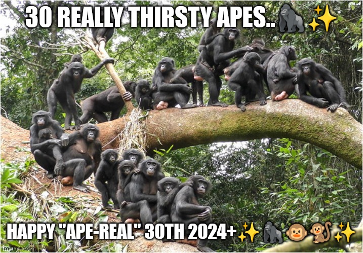 Thirsty Apes/April 30th 2024+ | 30 REALLY THIRSTY APES..🦍✨; HAPPY "APE-REAL" 30TH 2024+✨🦍🐵🐒✨ | image tagged in apes | made w/ Imgflip meme maker