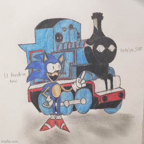 Two goofballs | image tagged in thomas the tank engine,sonic exe,exe,virus,drawing | made w/ Imgflip meme maker