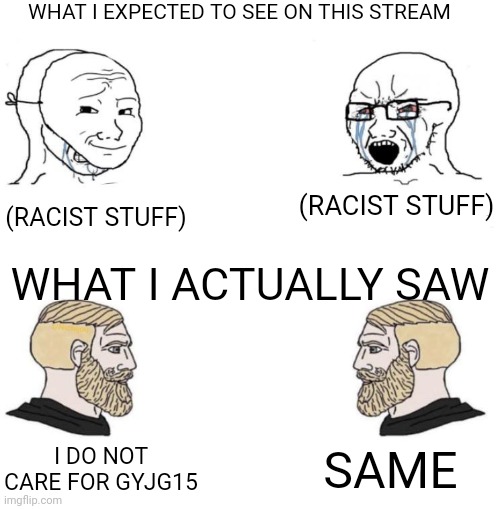 I expected to see the most brutal slur-filled argument but instead its pretty tame | WHAT I EXPECTED TO SEE ON THIS STREAM; (RACIST STUFF); (RACIST STUFF); WHAT I ACTUALLY SAW; SAME; I DO NOT CARE FOR GYJG15 | image tagged in chad we know,anti furry,real | made w/ Imgflip meme maker