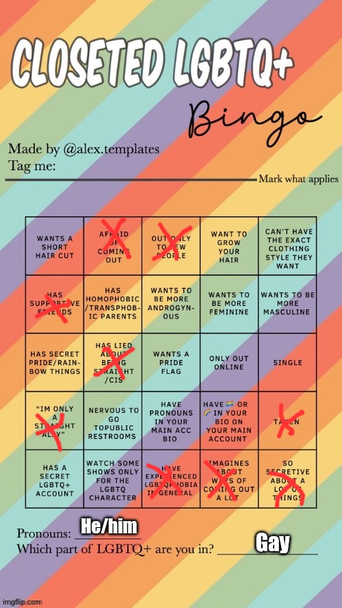 I really want to come out to my parents, but idk how | He/him; Gay | image tagged in closeted lgbtq bingo | made w/ Imgflip meme maker