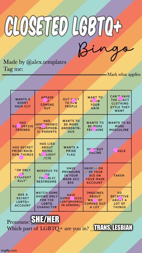 How did I not get a bingo :/ | SHE/HER; TRANS, LESBIAN | image tagged in closeted lgbtq bingo | made w/ Imgflip meme maker