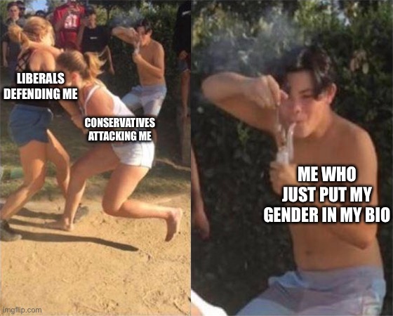 Two girls fighting | LIBERALS DEFENDING ME CONSERVATIVES ATTACKING ME ME WHO JUST PUT MY GENDER IN MY BIO | image tagged in two girls fighting | made w/ Imgflip meme maker