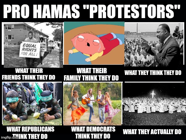 Hamas Fanclub | PRO HAMAS "PROTESTORS"; WHAT THEY THINK THEY DO; WHAT THEIR FRIENDS THINK THEY DO; WHAT THEIR FAMILY THINK THEY DO; WHAT DEMOCRATS THINK THEY DO; WHAT REPUBLICANS THINK THEY DO; WHAT THEY ACTUALLY DO | image tagged in what my friends think i do,riots,protest,protesters,terrorism | made w/ Imgflip meme maker