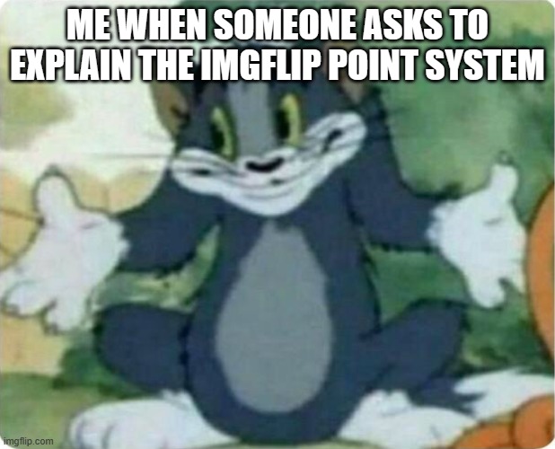 Tom Shrugging | ME WHEN SOMEONE ASKS TO EXPLAIN THE IMGFLIP POINT SYSTEM | image tagged in tom shrugging | made w/ Imgflip meme maker