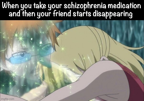 Fairy Tail Meme | When you take your schizophrenia medication and then your friend starts disappearing; ChristinaO | image tagged in memes,fairy tail,fairy tail meme,fairy tail memes,mental illness,schizophrenia | made w/ Imgflip meme maker