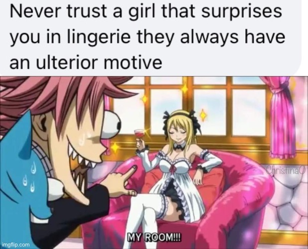 Fairy Tail Meme Lucy | ChristinaO | image tagged in memes,fairy tail,fairy tail meme,fairy tail memes,woman,lucy heartfilia | made w/ Imgflip meme maker