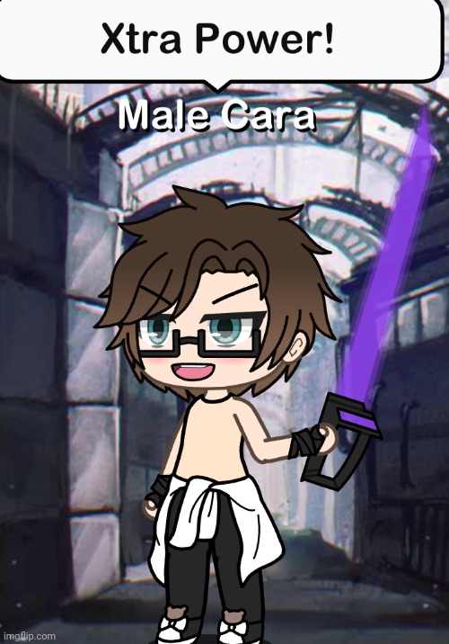 Male Cara when he sees a villain: XTRA POWER! | image tagged in pop up school 2,pus2,x is for x,male cara,xtra power,shirtless | made w/ Imgflip meme maker