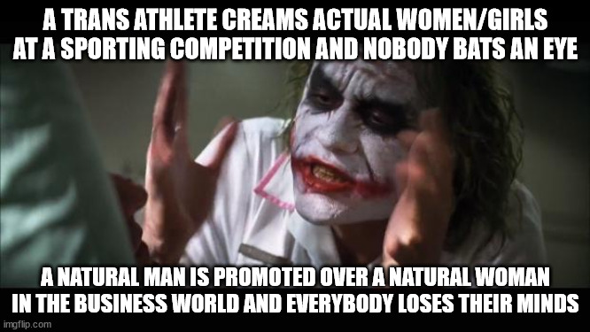 Those West Virginia middle school girls shouldn't have been banned from competitions | A TRANS ATHLETE CREAMS ACTUAL WOMEN/GIRLS AT A SPORTING COMPETITION AND NOBODY BATS AN EYE; A NATURAL MAN IS PROMOTED OVER A NATURAL WOMAN IN THE BUSINESS WORLD AND EVERYBODY LOSES THEIR MINDS | image tagged in memes,and everybody loses their minds | made w/ Imgflip meme maker