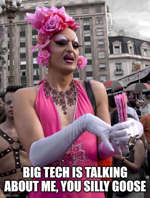 tranny | BIG TECH IS TALKING ABOUT ME, YOU SILLY GOOSE | image tagged in tranny | made w/ Imgflip meme maker