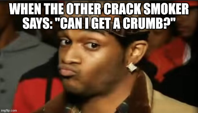 The other crack smoker asks for a crumb | WHEN THE OTHER CRACK SMOKER SAYS: "CAN I GET A CRUMB?" | image tagged in conceited reaction | made w/ Imgflip meme maker