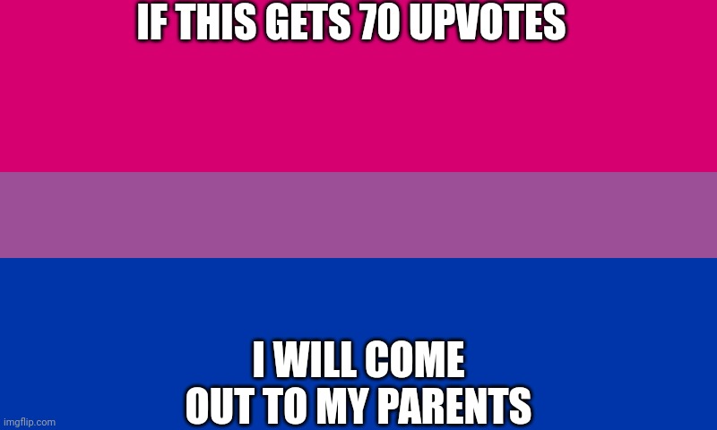 I'm scared to come out because I'm pretty young imo to be LGBTQ+, at least they support it lol | IF THIS GETS 70 UPVOTES; I WILL COME OUT TO MY PARENTS | image tagged in bi flag | made w/ Imgflip meme maker
