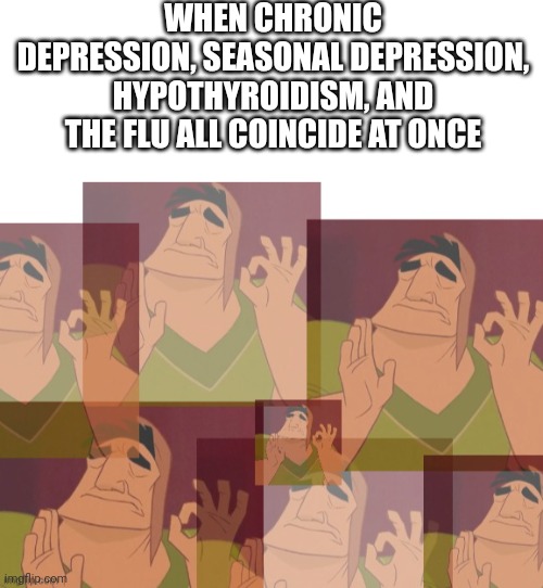 WHEN CHRONIC DEPRESSION, SEASONAL DEPRESSION, HYPOTHYROIDISM, AND THE FLU ALL COINCIDE AT ONCE | image tagged in blank white template,multi pacha | made w/ Imgflip meme maker