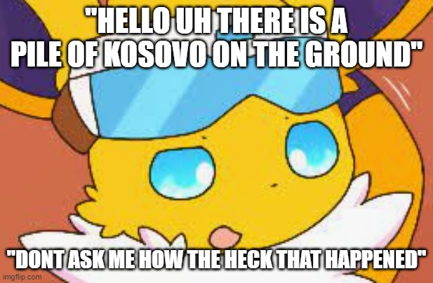 speed the jolteon | "HELLO UH THERE IS A PILE OF KOSOVO ON THE GROUND"; "DONT ASK ME HOW THE HECK THAT HAPPENED" | image tagged in speed the jolteon | made w/ Imgflip meme maker
