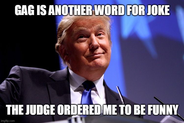 Trump gets a gag order | GAG IS ANOTHER WORD FOR JOKE; THE JUDGE ORDERED ME TO BE FUNNY | image tagged in donald trump no2,trump in court,gag order,donald trump | made w/ Imgflip meme maker