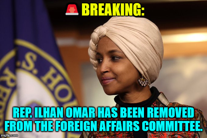 She should never have been on it. | 🚨BREAKING:; REP. ILHAN OMAR HAS BEEN REMOVED FROM THE FOREIGN AFFAIRS COMMITTEE. | image tagged in omar,off the committee,it is about time | made w/ Imgflip meme maker