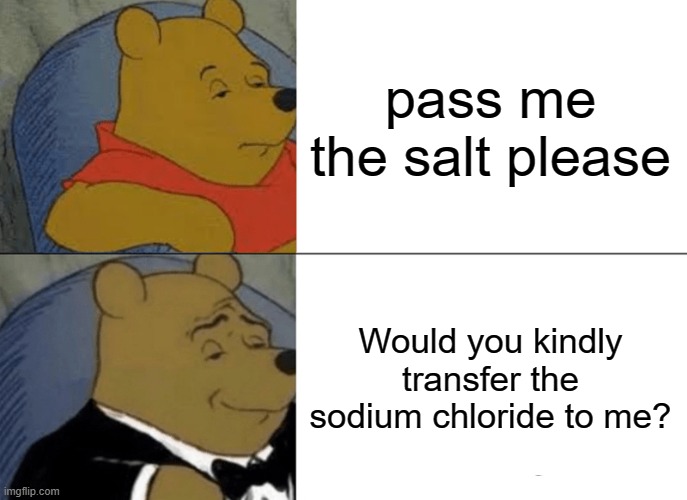 erm ackshaualy ☝️? | pass me the salt please; Would you kindly transfer the sodium chloride to me? | image tagged in memes,tuxedo winnie the pooh | made w/ Imgflip meme maker