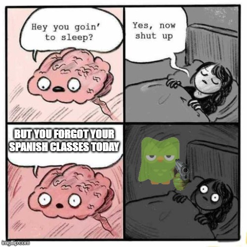 Hey you going to sleep? | BUT YOU FORGOT YOUR SPANISH CLASSES TODAY | image tagged in hey you going to sleep | made w/ Imgflip meme maker