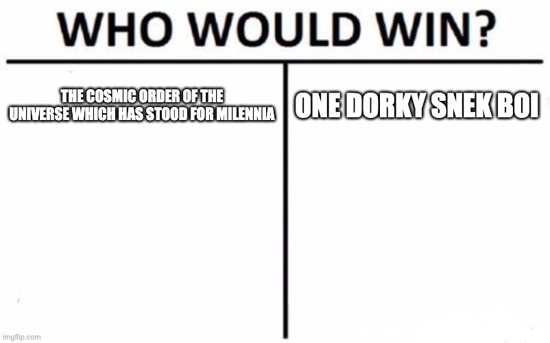 Who Would Win? | THE COSMIC ORDER OF THE UNIVERSE WHICH HAS STOOD FOR MILENNIA; ONE DORKY SNEK BOI | image tagged in memes,who would win,hazbin hotel | made w/ Imgflip meme maker