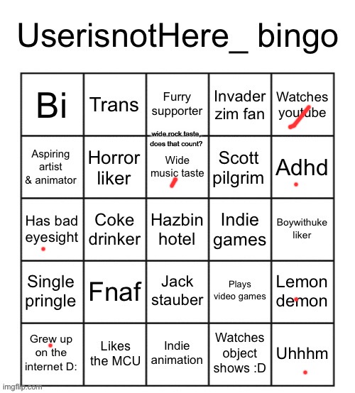 (currently listening to: the scoop - beastie boys) | wide rock taste, does that count? | image tagged in userisnothere bingo | made w/ Imgflip meme maker