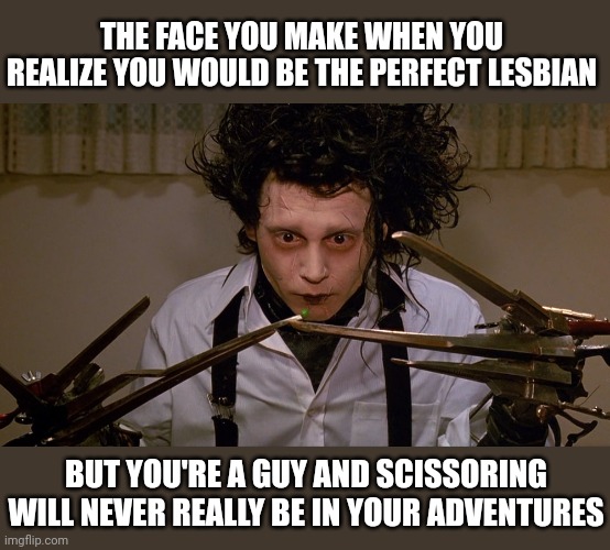 Edward Scissorhands | THE FACE YOU MAKE WHEN YOU REALIZE YOU WOULD BE THE PERFECT LESBIAN; BUT YOU'RE A GUY AND SCISSORING WILL NEVER REALLY BE IN YOUR ADVENTURES | image tagged in edward scissorhands | made w/ Imgflip meme maker