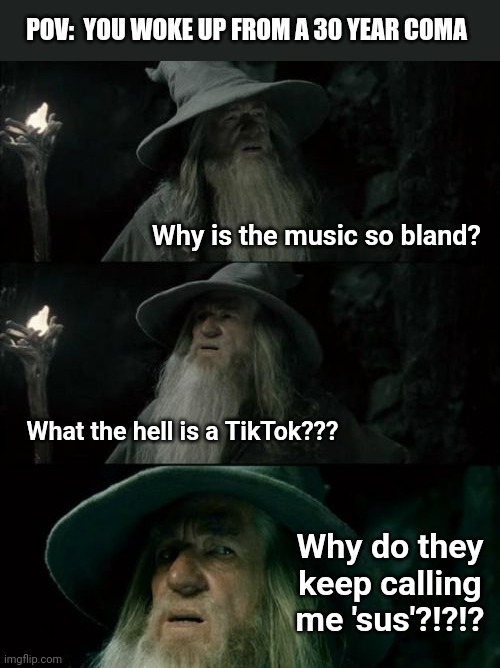 Confused Gandalf | POV:  YOU WOKE UP FROM A 30 YEAR COMA; Why is the music so bland? What the hell is a TikTok??? Why do they keep calling me 'sus'?!?!? | image tagged in memes,confused gandalf | made w/ Imgflip meme maker