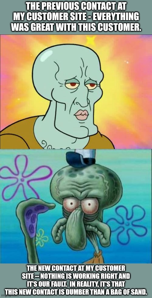 Reviving the Work Stream | THE PREVIOUS CONTACT AT MY CUSTOMER SITE - EVERYTHING WAS GREAT WITH THIS CUSTOMER. THE NEW CONTACT AT MY CUSTOMER SITE -- NOTHING IS WORKING RIGHT AND IT'S OUR FAULT.  IN REALITY, IT'S THAT THIS NEW CONTACT IS DUMBER THAN A BAG OF SAND. | image tagged in memes,squidward | made w/ Imgflip meme maker