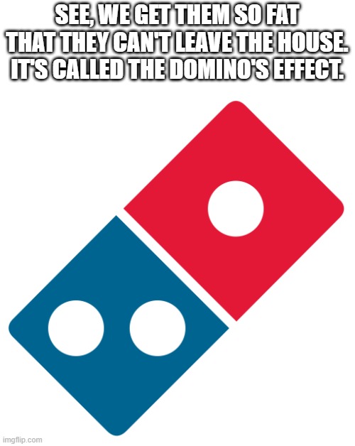 Domino's Pizza Logo | SEE, WE GET THEM SO FAT THAT THEY CAN'T LEAVE THE HOUSE. IT'S CALLED THE DOMINO'S EFFECT. | image tagged in domino's pizza logo | made w/ Imgflip meme maker