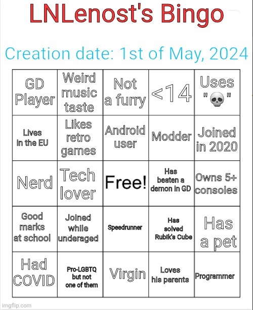 My first bingo! | LNLenost's Bingo; Creation date: 1st of May, 2024; Not a furry; Weird music taste; Uses "💀"; GD Player; <14; Android user; Modder; Joined  in 2020; Likes retro games; Lives in the EU; Has beaten a demon in GD; Nerd; Owns 5+ consoles; Tech lover; Good marks at school; Joined while underaged; Speedrunner; Has solved Rubik's Cube; Has a pet; Had COVID; Virgin; Programmer; Pro-LGBTQ but not one of them; Loves his parents | image tagged in blank bingo,lnlenost's bingo v1 | made w/ Imgflip meme maker