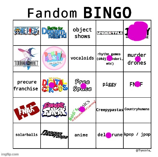 Fandom bingo | image tagged in bingo from tck | made w/ Imgflip meme maker