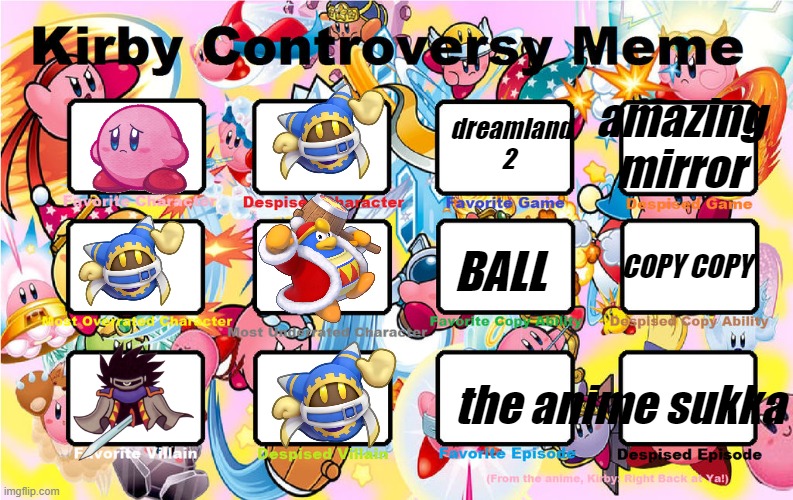 KIRBY CONTROVERSY MEME | dreamland 2; amazing mirror; BALL; COPY COPY; the anime sukka | image tagged in kirby controversy meme,kirby,controversy | made w/ Imgflip meme maker
