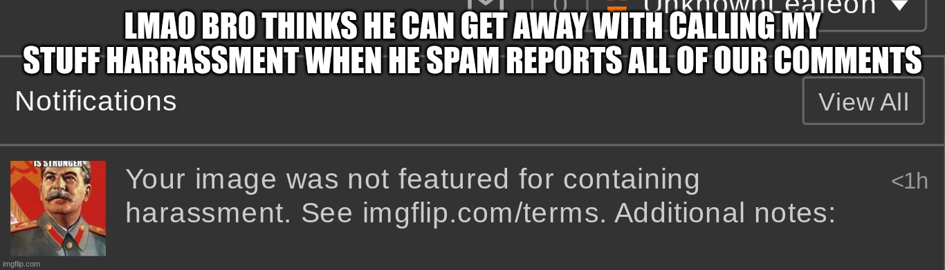 this is the Adolf_Hitler_ guy | LMAO BRO THINKS HE CAN GET AWAY WITH CALLING MY STUFF HARRASSMENT WHEN HE SPAM REPORTS ALL OF OUR COMMENTS | made w/ Imgflip meme maker