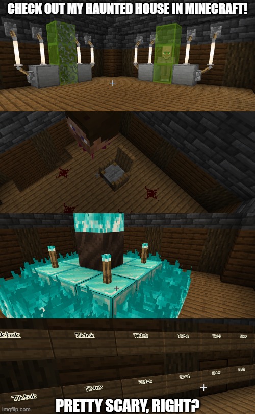 Haunted House | CHECK OUT MY HAUNTED HOUSE IN MINECRAFT! PRETTY SCARY, RIGHT? | image tagged in white background | made w/ Imgflip meme maker