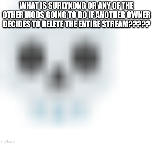 couldnt do anything to get it back | WHAT IS SURLYKONG OR ANY OF THE OTHER MODS GOING TO DO IF ANOTHER OWNER DECIDES TO DELETE THE ENTIRE STREAM????? | image tagged in blurred skull emoji | made w/ Imgflip meme maker