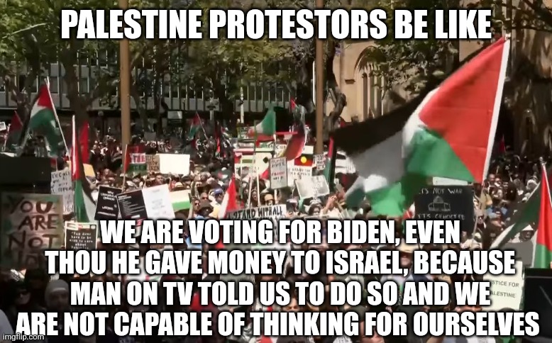 Pro-Palestine rally in Sydney | PALESTINE PROTESTORS BE LIKE WE ARE VOTING FOR BIDEN, EVEN THOU HE GAVE MONEY TO ISRAEL, BECAUSE MAN ON TV TOLD US TO DO SO AND WE ARE NOT C | image tagged in pro-palestine rally in sydney | made w/ Imgflip meme maker