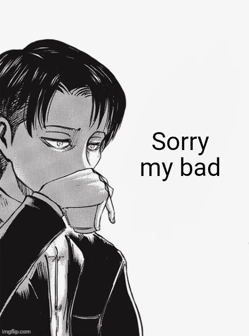 Levi sipping tea | Sorry my bad | image tagged in levi sipping tea | made w/ Imgflip meme maker