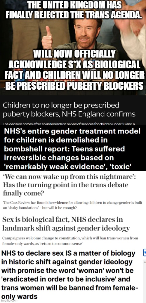Finally. The generation of mass-absurdity is slowly coming to a close. | THE UNITED KINGDOM HAS FINALLY REJECTED THE TRANS AGENDA. WILL NOW OFFICIALLY ACKNOWLEDGE S*X AS BIOLOGICAL FACT AND CHILDREN WILL NO LONGER BE PRESCRIBED PUBERTY BLOCKERS | image tagged in memes,chuck norris approves | made w/ Imgflip meme maker