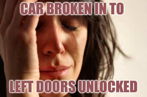 First World Problems | CAR BROKEN IN TO; LEFT DOORS UNLOCKED | image tagged in memes,first world problems,bad memes,cars,theft,california | made w/ Imgflip meme maker
