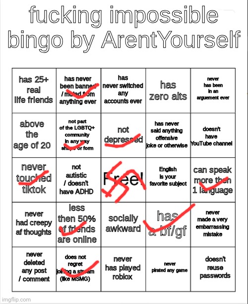 I need a rebirth to complete this bingo | image tagged in fucking impossible bingo | made w/ Imgflip meme maker