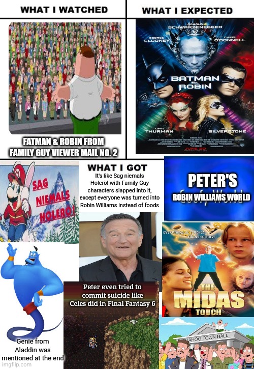 FATMAN & ROBIN FROM FAMILY GUY VIEWER MAIL NO. 2; PETER'S; It's like Sag niemals Holerö! with Family Guy characters slapped into it, except everyone was turned into Robin Williams instead of foods; ROBIN WILLIAMS WORLD; Peter even tried to commit suicide like Celes did in Final Fantasy 6; Genie from Aladdin was mentioned at the end | image tagged in what i watched/ what i expected/ what i got,robin williams,family guy,midas touch,final fantasy | made w/ Imgflip meme maker
