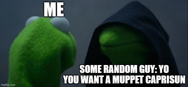 Evil Kermit Meme | ME; SOME RANDOM GUY: YO YOU WANT A MUPPET CAPRISUN | image tagged in memes,evil kermit | made w/ Imgflip meme maker