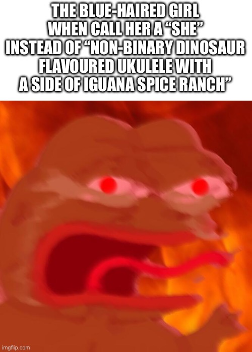 I’VE ENCOUNTERED LIKE 50 OF THESE STUPID- | THE BLUE-HAIRED GIRL WHEN CALL HER A “SHE” INSTEAD OF “NON-BINARY DINOSAUR FLAVOURED UKULELE WITH A SIDE OF IGUANA SPICE RANCH” | image tagged in angry crying frog | made w/ Imgflip meme maker