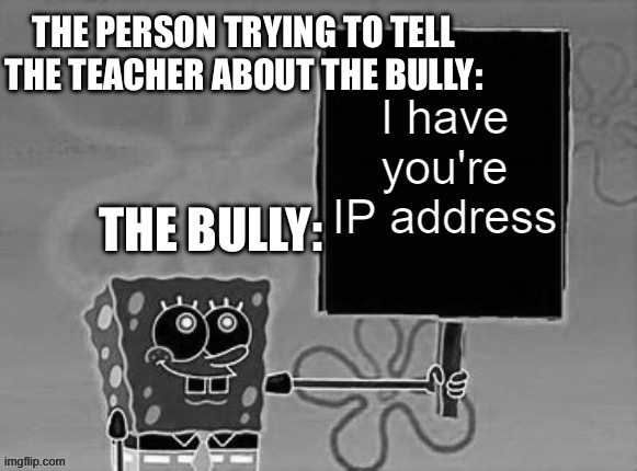 spongebob has your IP | THE PERSON TRYING TO TELL THE TEACHER ABOUT THE BULLY:; THE BULLY: | image tagged in spongebob has your ip | made w/ Imgflip meme maker